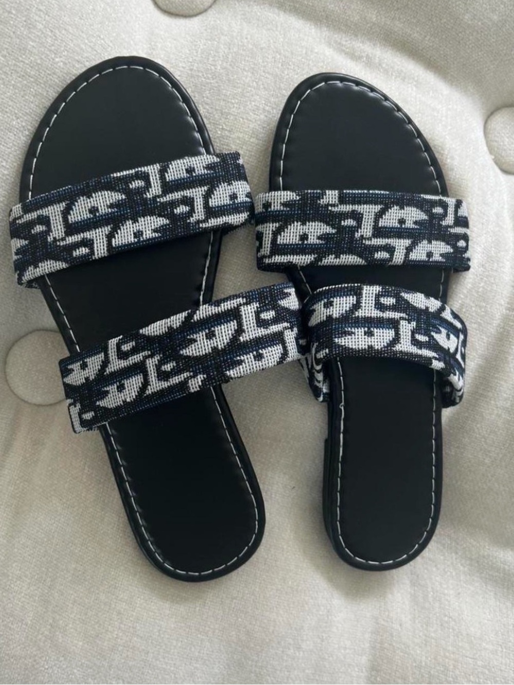 Black & White Patterned Slide Sandals for Women